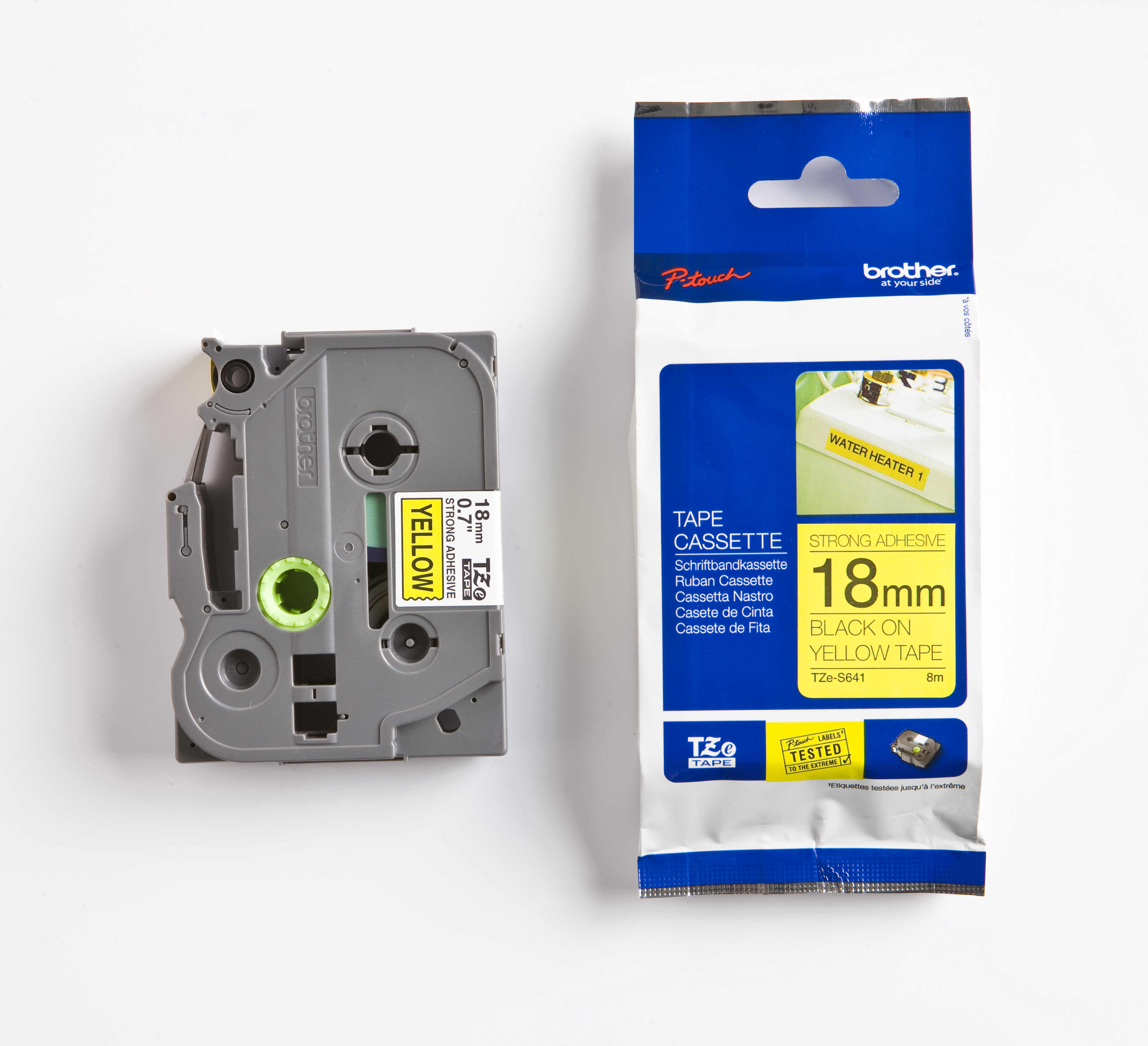 STRONG ADHESIVE - Black on Yellow 18MMX8MTR TAPE   